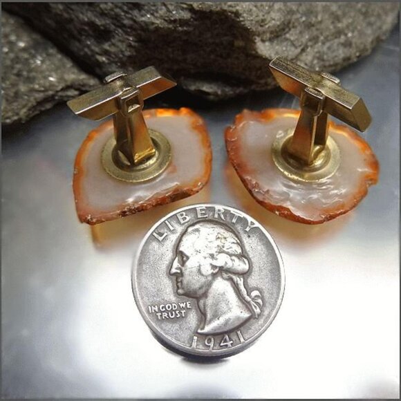 1960s Cool Blue Grey w Cinnamon Geode Vintage Cufflinks 16954 - Picture 7 of 7